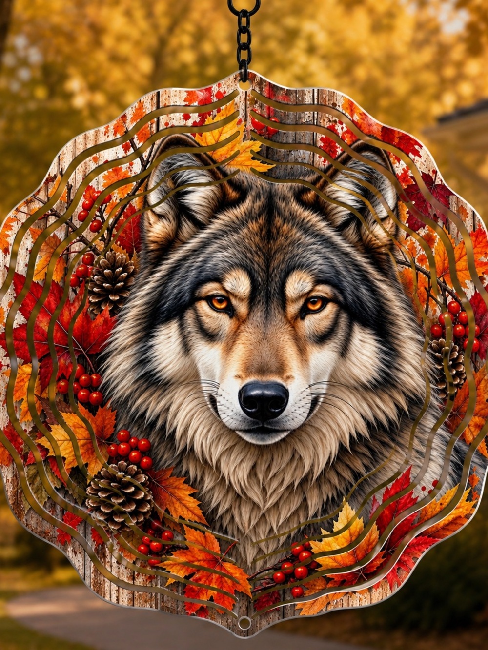 Autumn Wolf Hanging Metal Wind Spinner - Fall Home Garden Outdoor Decor